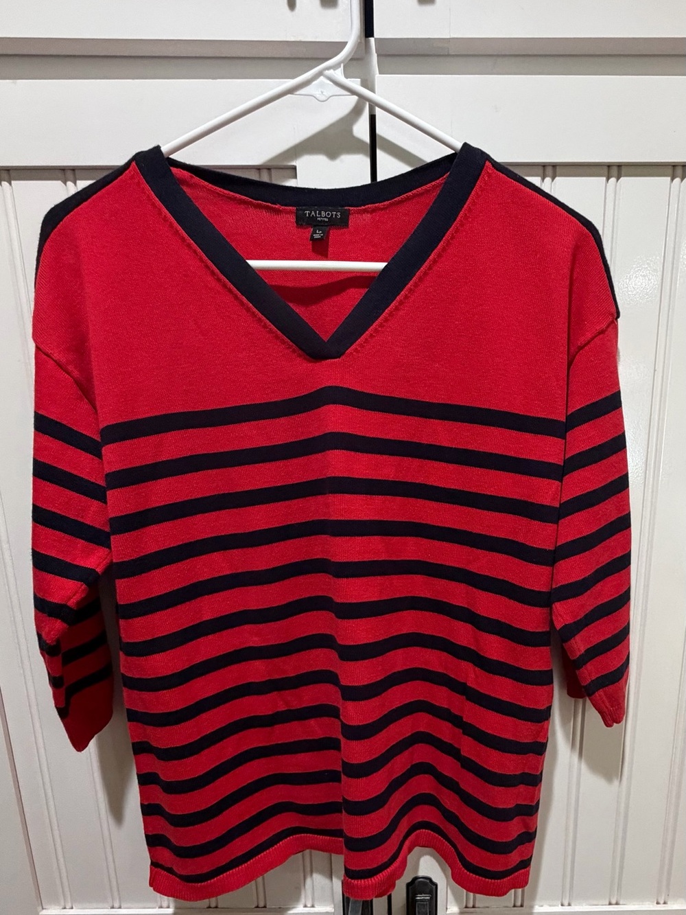 Talbots Petites Large Red Navy Striped V-Neck 3/4 Sleeve Sweater Top